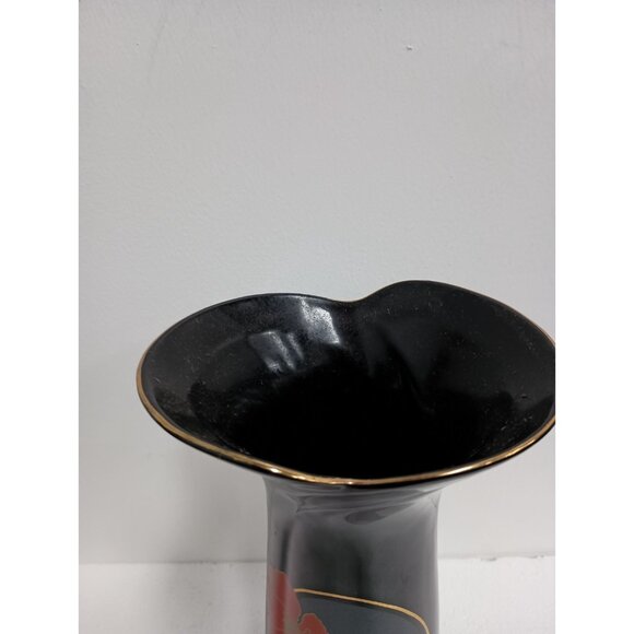 Vintage 70s Fine China Black Elegance Asian Vase With Red Poppy Flowers Japan - Picture 3 of 10